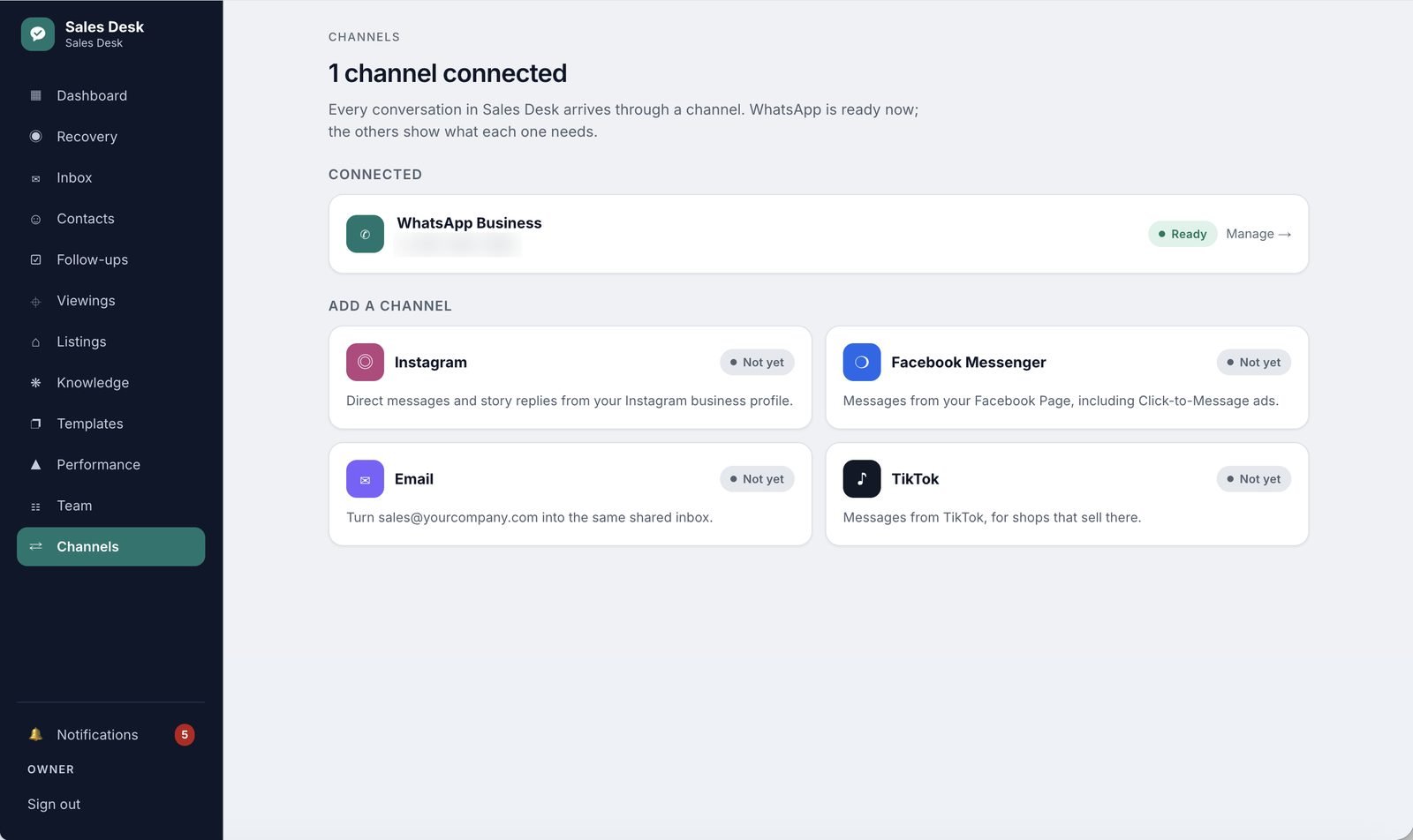 Sales Desk channels page with WhatsApp Business connected and Instagram, Facebook Messenger, email and TikTok planned