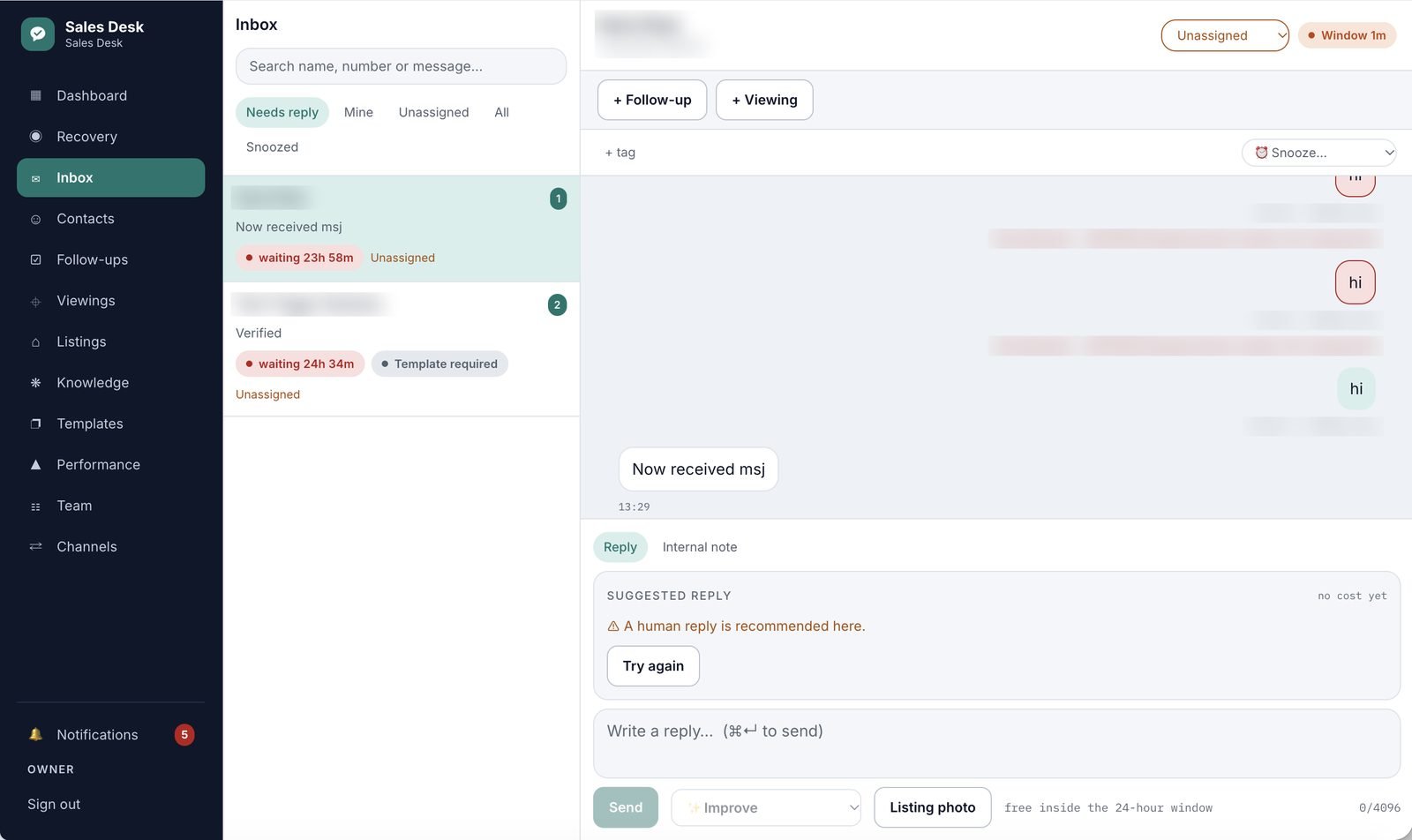 Sales Desk shared inbox with conversation filters, assignment, follow-up and viewing buttons and a suggested reply